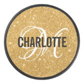 Elegante gouden glitter monogram naam hockey puck (Voorkant)