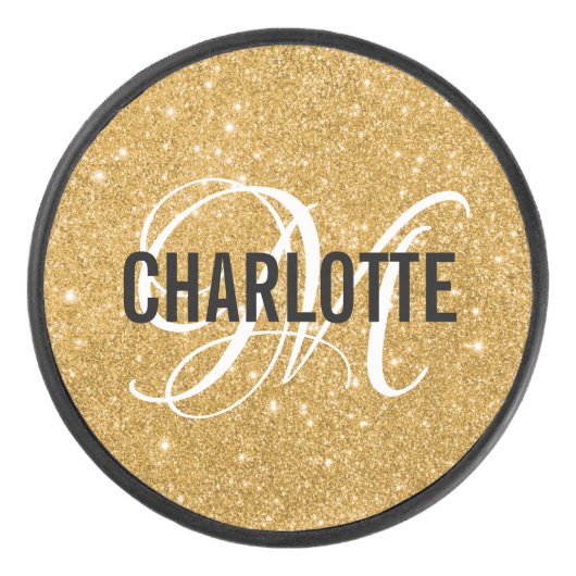 Elegante gouden glitter monogram naam hockey puck (Voorkant)