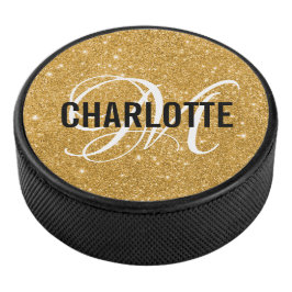 Elegante gouden glitter monogram naam hockey puck