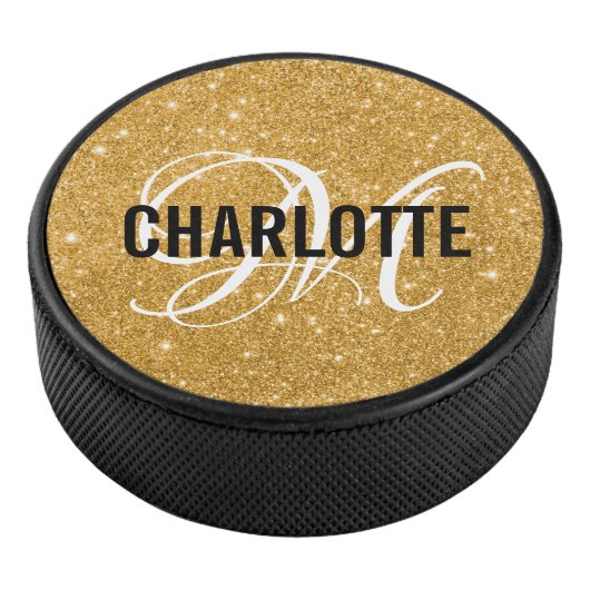 Elegante gouden glitter monogram naam hockey puck (3/4)