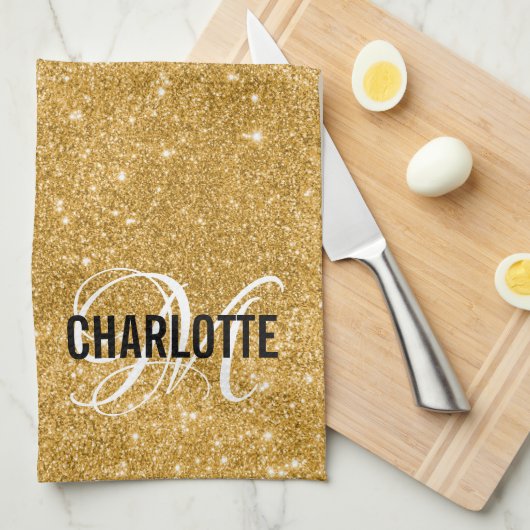 Elegante gouden glitter monogram naam keukenhanddo theedoek (Quarter Fold)
