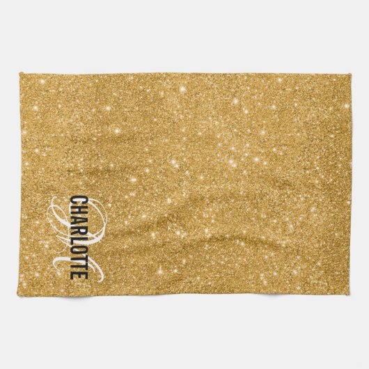 Elegante gouden glitter monogram naam keukenhanddo theedoek (Horizontaal)