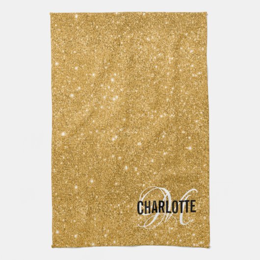Elegante gouden glitter monogram naam keukenhanddo theedoek (Verticaal)