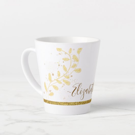 Elegante Gouden Glitter Monogram Naam Latte Mok (Linkerhoek)