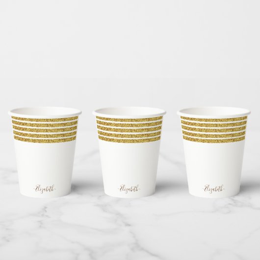 Elegante Gouden Glitter Monogram Naam Papieren Bekers (Multi)