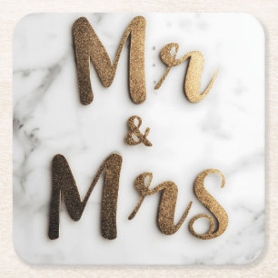 Elegante Gouden Glitter "Mr & Mrs." op een Marmere Kartonnen Onderzetters