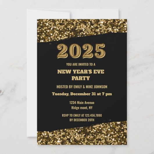 Elegante gouden glitter New Years Eve Black 2025 Kaart (Voorkant)
