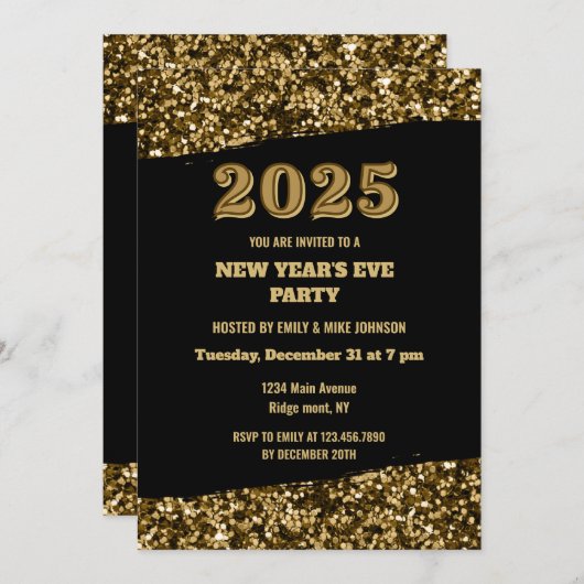 Elegante gouden glitter New Years Eve Black 2025 Kaart (Voorkant / Achterkant)
