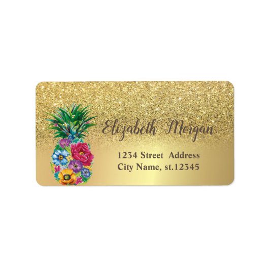 Elegante gouden glitter ombre bloemige ananas etiket (Voorkant)