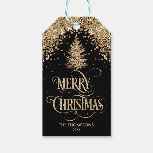Elegante Gouden Glitter Pine Tree Merry Christmas Cadeaulabel (Voorkant)