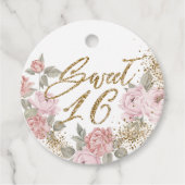 Elegante gouden glitter pioen bloemetjes zoet 16 bedankjes labels (Voorkant)