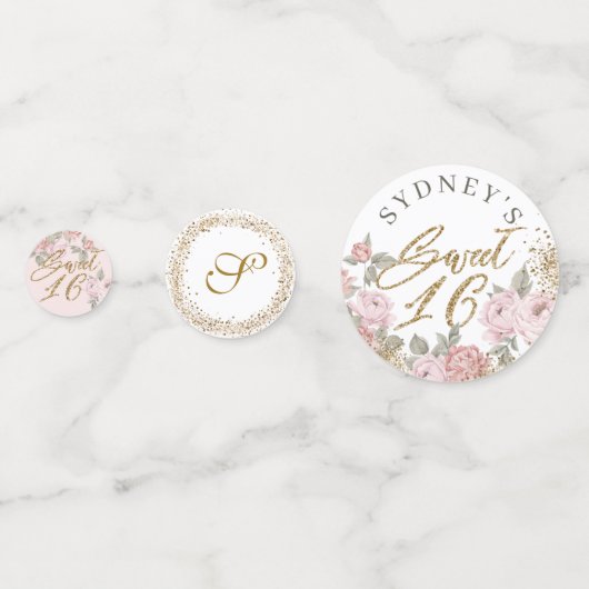 Elegante gouden glitter pioen bloemetjes zoet 16 confetti (Voorkanten)