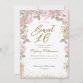 Elegante gouden glitter pioen bloemetjes zoet 16 kaart (Voorkant)