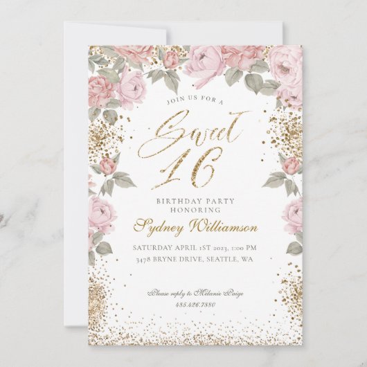 Elegante gouden glitter pioen bloemetjes zoet 16 kaart (Voorkant)