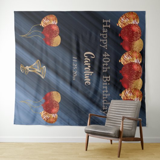 Elegante Gouden & Glitter Rode Ballonnen Verjaarda Wandkleed (In Situ (horizontaal))