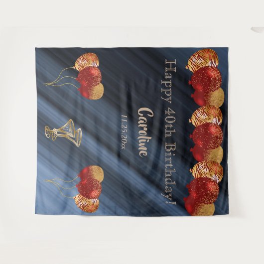 Elegante Gouden & Glitter Rode Ballonnen Verjaarda Wandkleed (Voorkant (horizontaal))