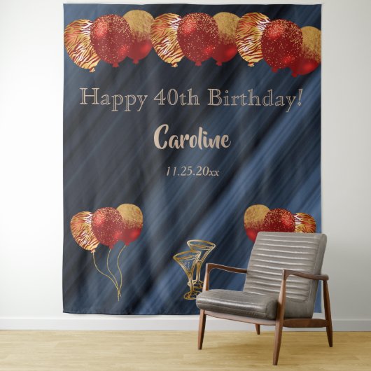 Elegante Gouden & Glitter Rode Ballonnen Verjaarda Wandkleed (In situ)