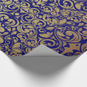 Elegante Gouden Glitter Royal Blue Damask Cadeaupapier (Hoek)