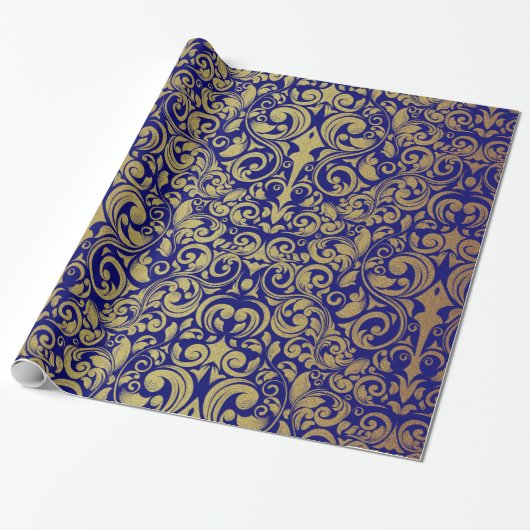 Elegante Gouden Glitter Royal Blue Damask Cadeaupapier (Uitgerold)