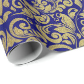 Elegante Gouden Glitter Royal Blue Damask Cadeaupapier (Rol Hoek)