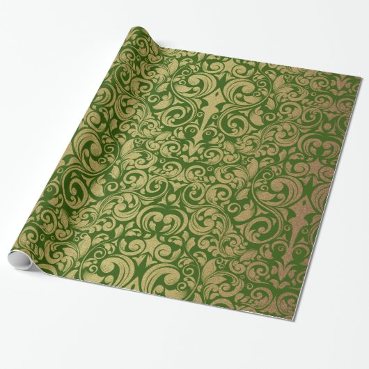 Elegante Gouden Glitter Royal Green Damask Cadeaupapier (Uitgerold)