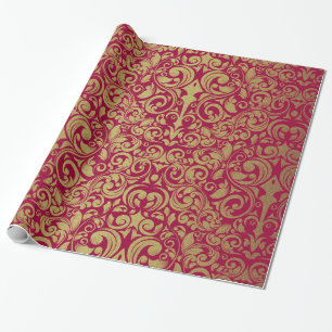 Elegante Gouden Glitter Royal Red Damask Cadeaupapier