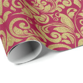 Elegante Gouden Glitter Royal Red Damask Cadeaupapier (Rol Hoek)