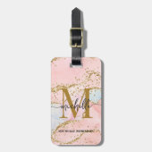 Elegante Gouden Glitter Roze Agate Monogram Initia Bagagelabel (Voorkant verticaal)