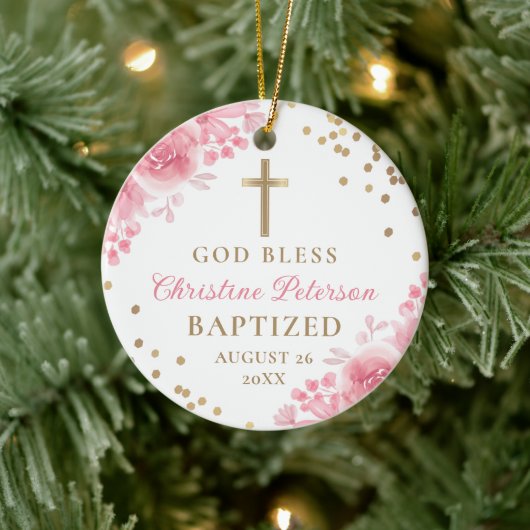 Elegante Gouden Glitter Roze Bloemen Doop Foto Keramisch Ornament (Boom)