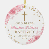 Elegante Gouden Glitter Roze Bloemen Doop Foto Keramisch Ornament (Voorkant)