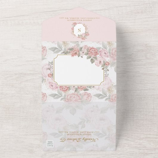 Elegante gouden glitter roze pioen zoet 16 verjaar all in one uitnodiging (Buitenkant)