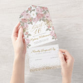 Elegante gouden glitter roze pioen zoet 16 verjaar all in one uitnodiging (Afscheurbaar)