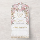 Elegante gouden glitter roze pioen zoet 16 verjaar all in one uitnodiging (Binnen)