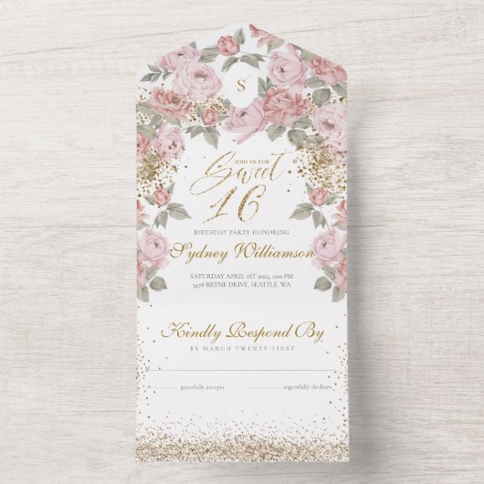 Elegante gouden glitter roze pioen zoet 16 verjaar all in one uitnodiging (Binnen)