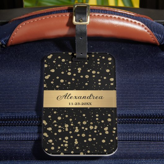 Elegante Gouden Glitter Schittering Zwart Persoonl Bagagelabel (Voorkant Insitu 2)