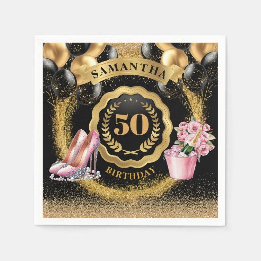 Elegante Gouden Glitter servetten met Blush Heels (Voorkant)