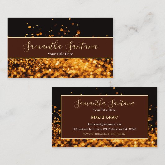Elegante Gouden Glitter Splash Zwart & Bruin Visitekaartje (Voorkant / Achterkant)
