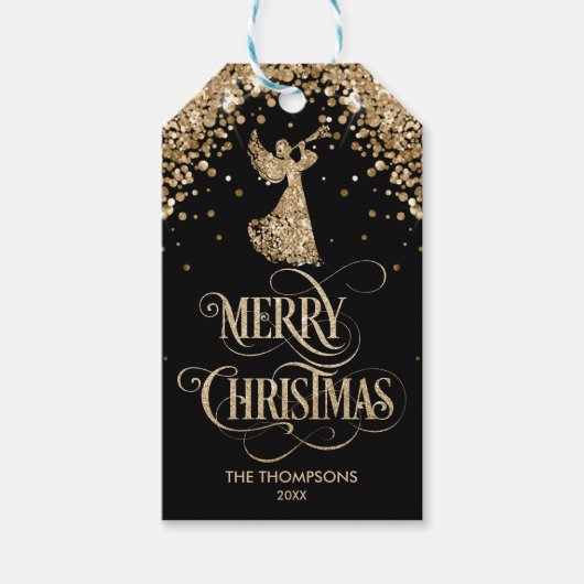 Elegante gouden glitter trompet engel Vrolijk Kers Cadeaulabel (Voorkant)