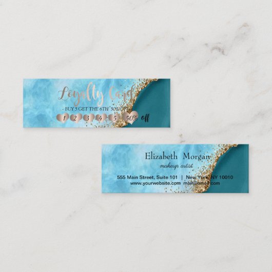 Elegante gouden glitter turquoise marmeren harten klantenkaartje (Voorkant / Achterkant)