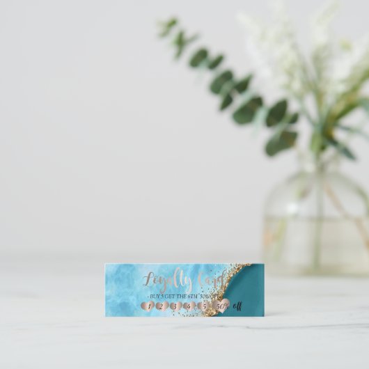 Elegante gouden glitter turquoise marmeren harten klantenkaartje (Staand voorkant)