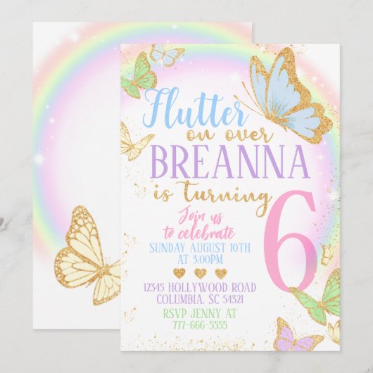 Elegante gouden glitter vlinder verjaardagsfeestje kaart (Voorkant / Achterkant)