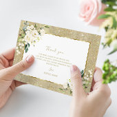 Elegante gouden glitter witte bloemen vrouw verjaa bedankkaart