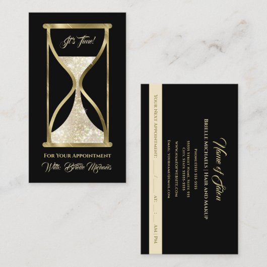 Elegante gouden glitter zandloper haar en make-up afsprakenkaartje (Voorkant / Achterkant)