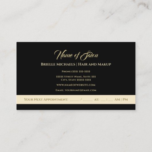 Elegante gouden glitter zandloper haar en make-up afsprakenkaartje (Achterkant)