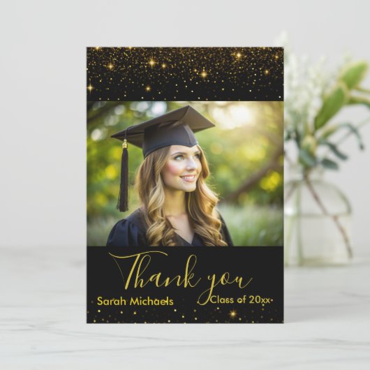 Elegante gouden glitter zwart Afstuderen foto Bedankkaart (Staand voorkant)