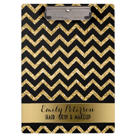 Elegante gouden glitter zwart chevron gouden accen klembord (Voorkant)
