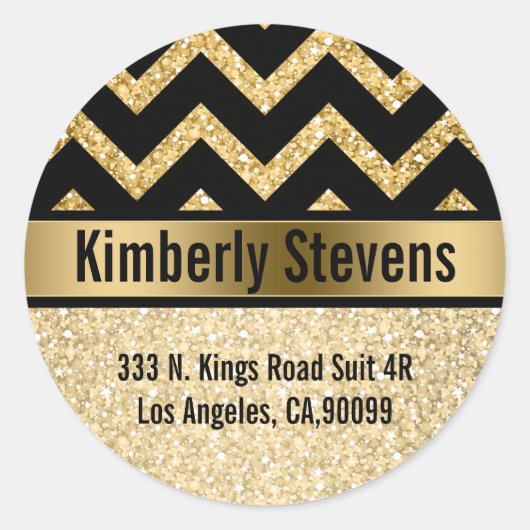 Elegante gouden glitter zwart chevron gouden accen ronde sticker (Voorkant)