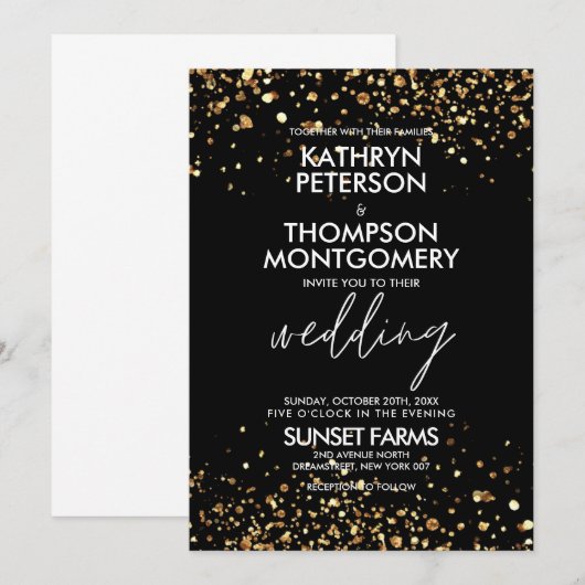 Elegante gouden glitter zwarte bruiloft uitnodigin kaart (Voorkant / Achterkant)