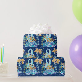 Elegante Gouden Glitterende Blauwe Onder de Zee Cadeaupapier