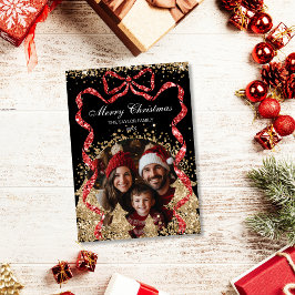 Elegante Gouden GlitterRibbon Kerstboom Foto Kaart